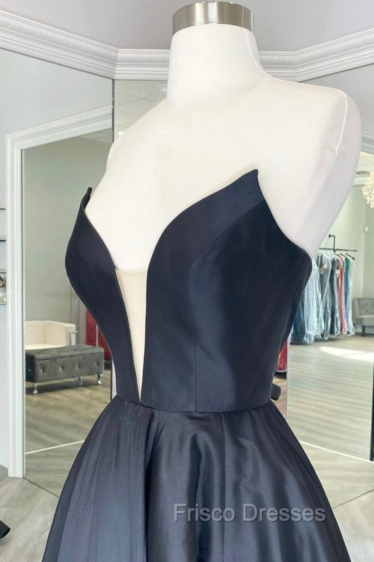 Black Strapless Satin Long Formal Prom Dress, Black A-Line Evening Dress