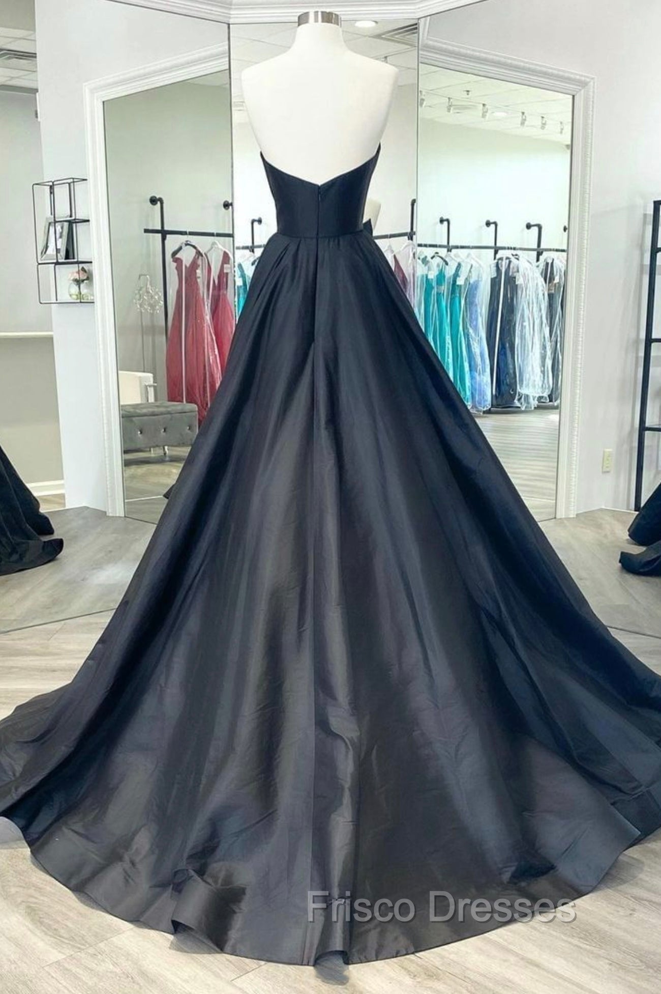 Black Strapless Satin Long Formal Prom Dress, Black A-Line Evening Dress
