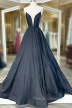 Black Strapless Satin Long Formal Prom Dress, Black A-Line Evening Dress