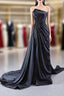 Black Strapless Satin Pleats Beading Formal Prom Dress