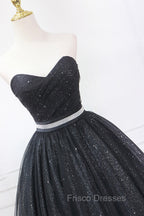 Black Strapless Shiny Tulle Tea Length Formal Prom Dress, Black A-Line Homecoming Dress