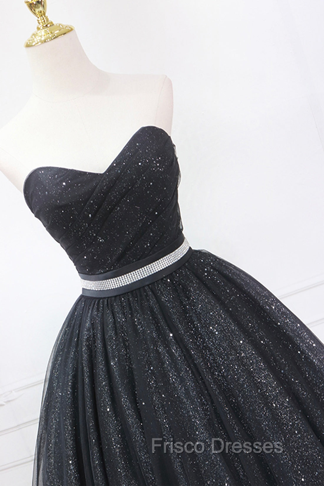 Black Strapless Shiny Tulle Tea Length Formal Prom Dress, Black A-Line Homecoming Dress