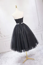Black Strapless Shiny Tulle Tea Length Formal Prom Dress, Black A-Line Homecoming Dress