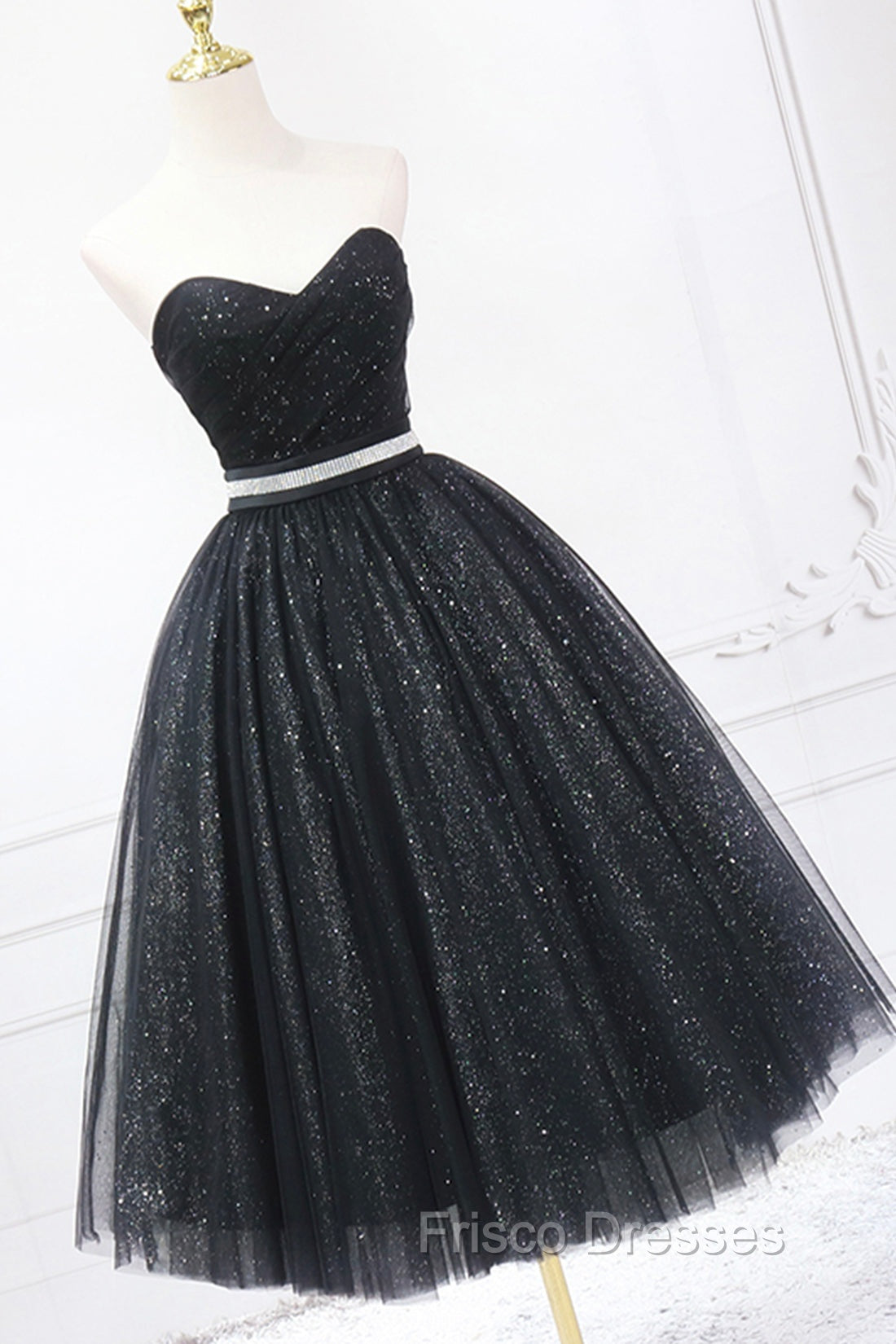 Black Strapless Shiny Tulle Tea Length Formal Prom Dress, Black A-Line Homecoming Dress Secondary image
