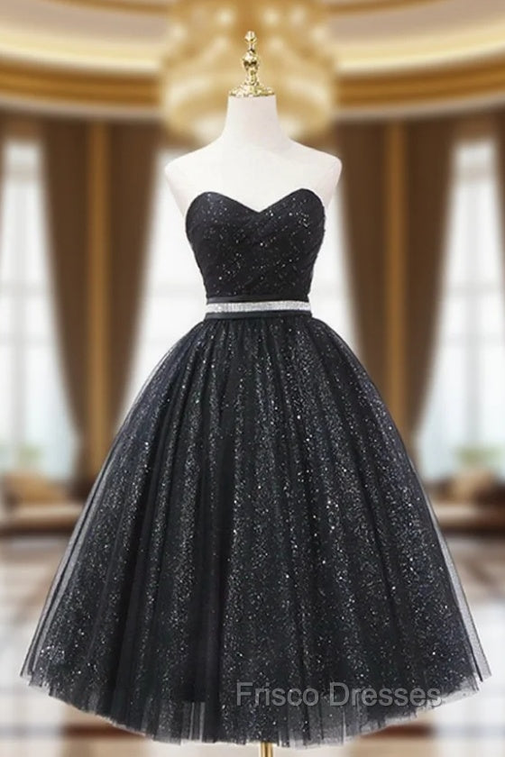 Black Strapless Shiny Tulle Tea Length Formal Prom Dress, Black A-Line Homecoming Dress Main image