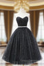 Black Strapless Shiny Tulle Tea Length Formal Prom Dress, Black A-Line Homecoming Dress