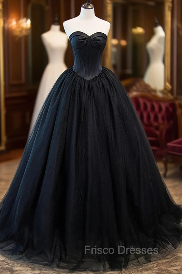 Black Strapless Tulle Long A-Line Formal Prom Dress, Black Formal Evening Gown