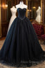 Black Strapless Tulle Long A-Line Formal Prom Dress, Black Formal Evening Gown