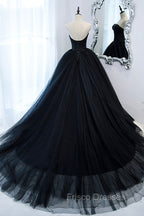 Black Strapless Tulle Long A-Line Formal Prom Dress, Black Formal Evening Gown