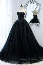 Black Strapless Tulle Long A-Line Formal Prom Dress, Black Formal Evening Gown
