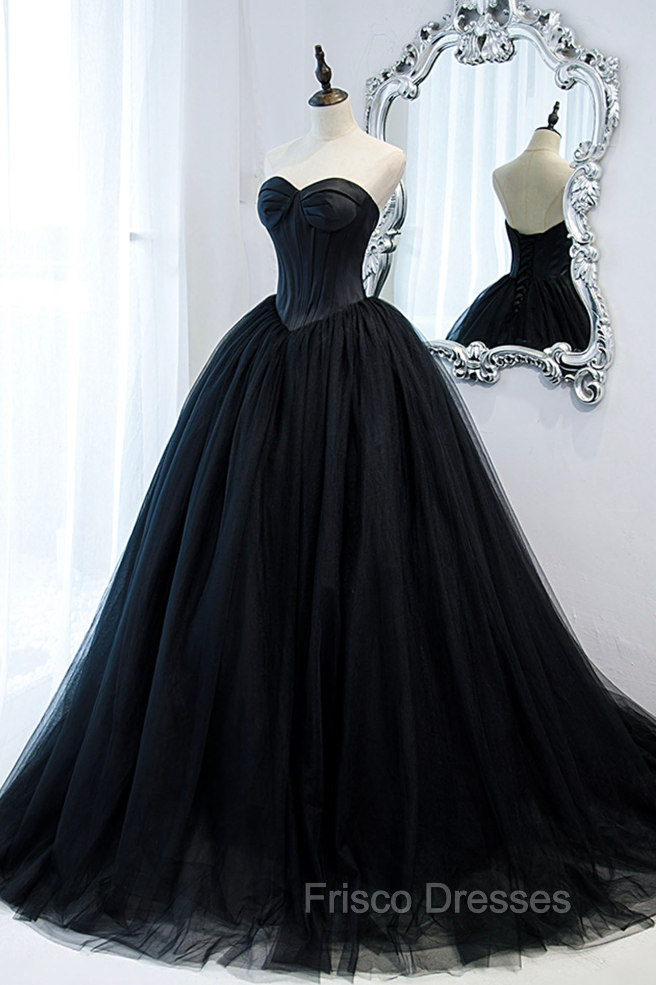 Black Strapless Tulle Long A-Line Formal Prom Dress, Black Formal Evening Gown
