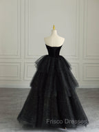 Black Strapless Layered Velvet Tulle Long Formal Prom Dress Evening Dress