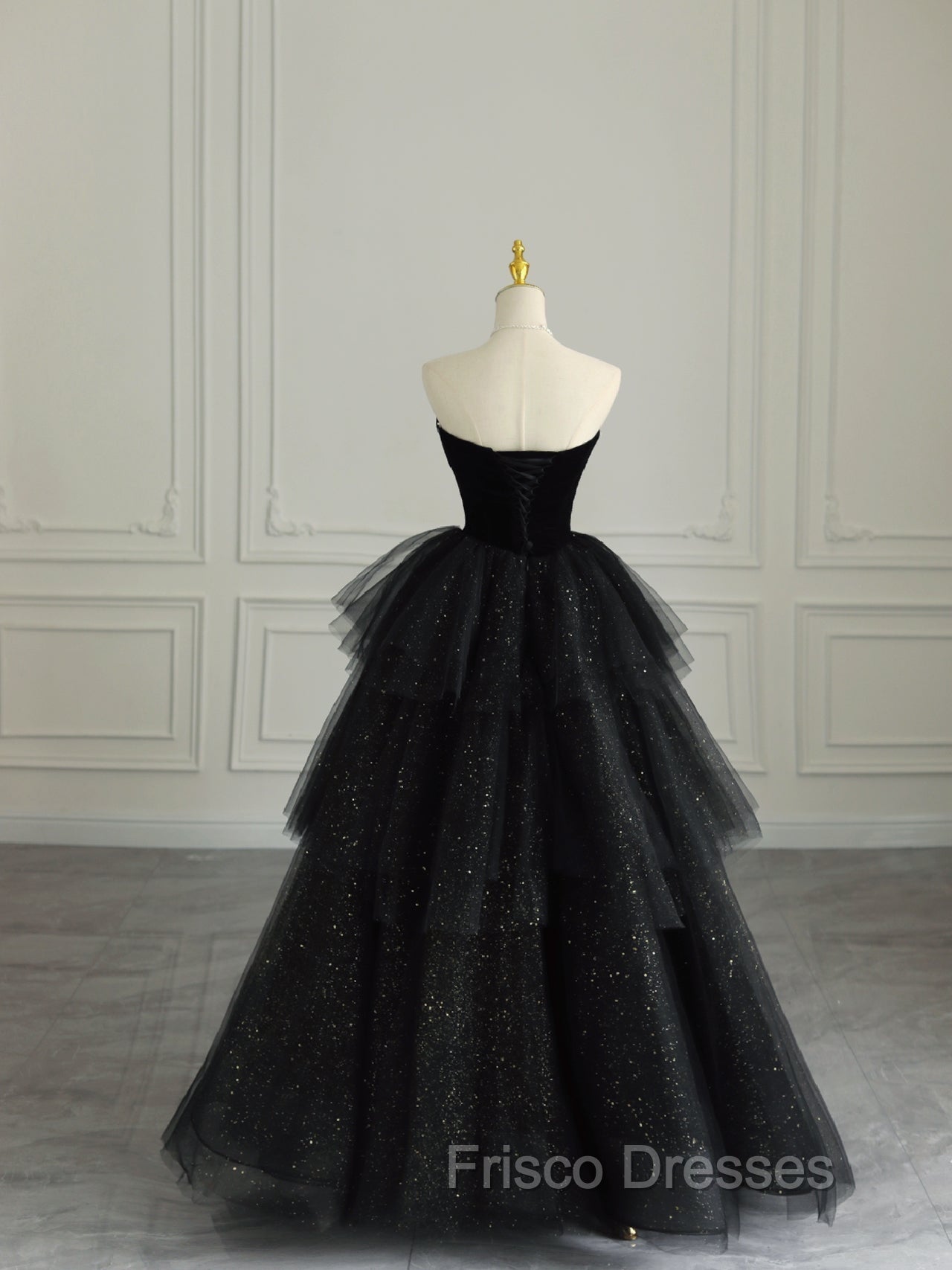 Black Strapless Layered Velvet Tulle Long Formal Prom Dress Evening Dress