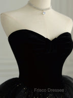 Black Strapless Layered Velvet Tulle Long Formal Prom Dress Evening Dress