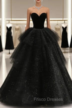 Black Strapless Layered Velvet Tulle Long Formal Prom Dress Evening Dress