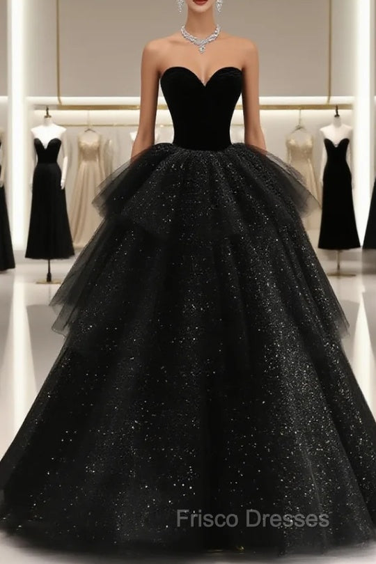 Black Strapless Layered Velvet Tulle Long Formal Prom Dress Evening Dress