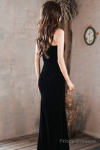Black Straps Mermaid Velvet Long Party Dress With Leg Slit, Black Long Prom Dress