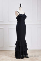 Black Straps Ruffle Multi-Layer Chiffon Maxi Dress