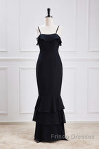 Black Straps Ruffle Multi-Layer Chiffon Maxi Dress