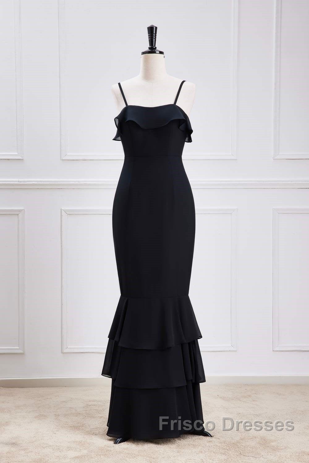 Black Straps Ruffle Multi-Layer Chiffon Maxi Dress