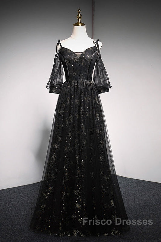 Black Straps Tulle Long Party Dress With Sleeves Evening Dress, Black A-Line Formal Prom Dress Party Dress Secondary image