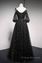 Black Straps Tulle Long Party Dress With Sleeves Evening Dress, Black A-Line Formal Prom Dress Party Dress