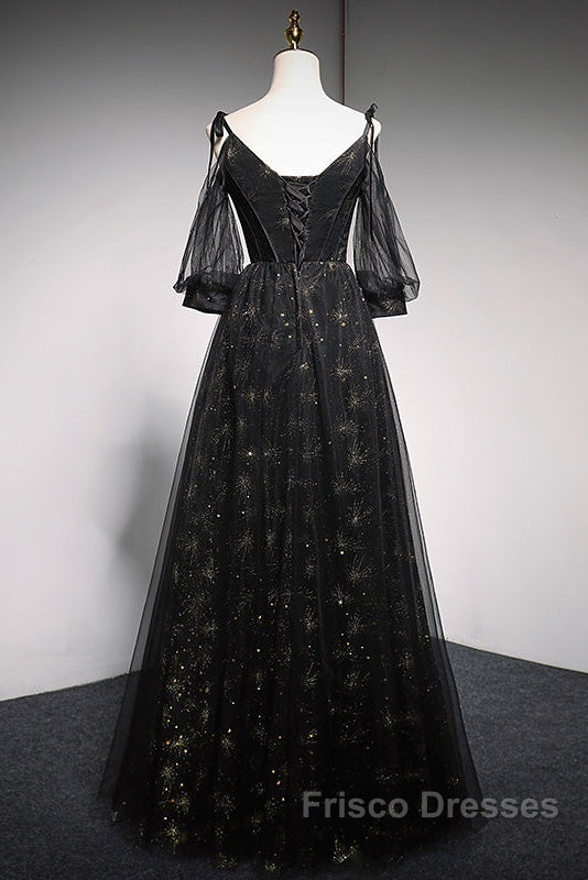 Black Straps Tulle Long Party Dress With Sleeves Evening Dress, Black A-Line Formal Prom Dress Party Dress