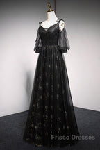 Black Straps Tulle Long Party Dress With Sleeves Evening Dress, Black A-Line Formal Prom Dress Party Dress