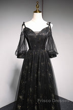 Black Straps Tulle Long Party Dress With Sleeves Evening Dress, Black A-Line Formal Prom Dress Party Dress