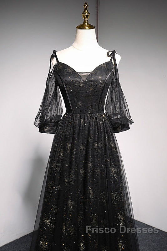 Black Straps Tulle Long Party Dress With Sleeves Evening Dress, Black A-Line Formal Prom Dress Party Dress