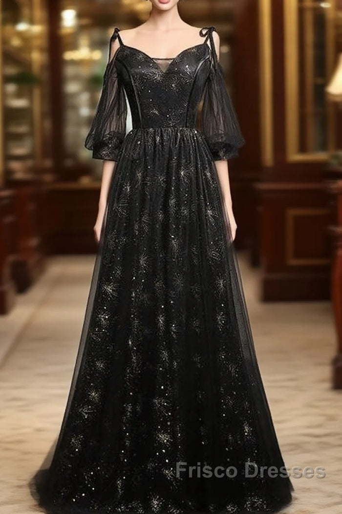 Black Straps Tulle Long Party Dress With Sleeves Evening Dress, Black A-Line Formal Prom Dress Party Dress Main image