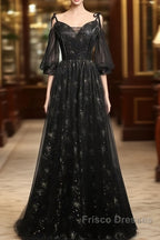 Black Straps Tulle Long Party Dress With Sleeves Evening Dress, Black A-Line Formal Prom Dress Party Dress