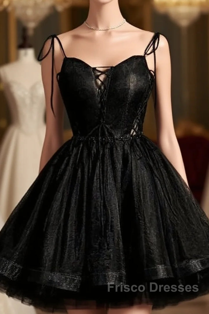 Black Straps Tulle Short Homecoming Dress Formal Prom Dress, Little Black Party Dress Main image