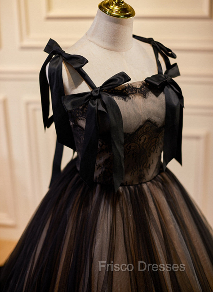 Black Straps Tulle with Lace Long Formal Dress, Black A-line Formal Prom Dress