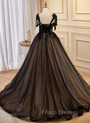 Black Straps Tulle with Lace Long Formal Dress, Black A-line Formal Prom Dress