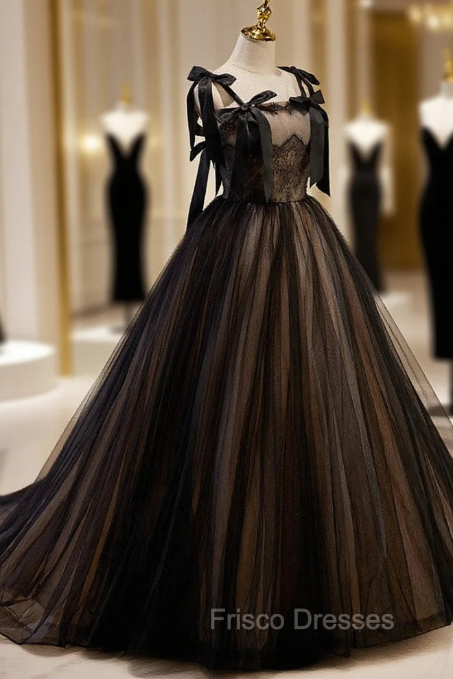 Black Straps Tulle with Lace Long Formal Dress, Black A-line Formal Prom Dress Main image