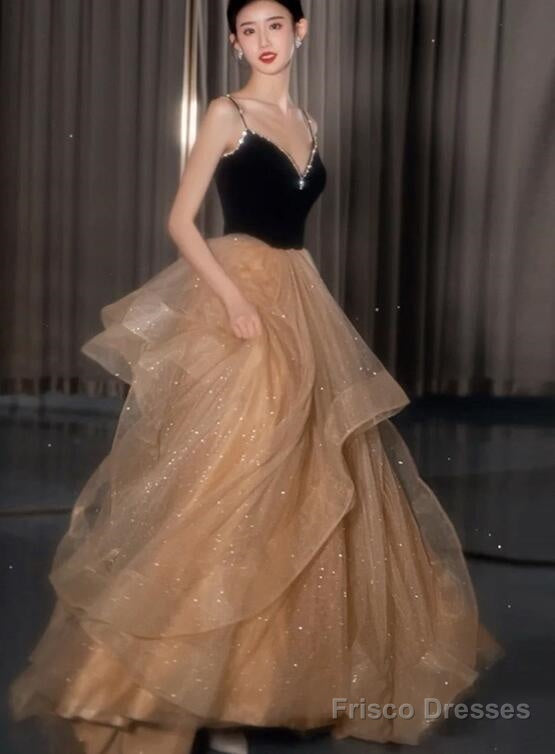 Black Straps V-Neckline Layers Tulle Long Party Dresses, Glam Prom Dresses Formal Gown