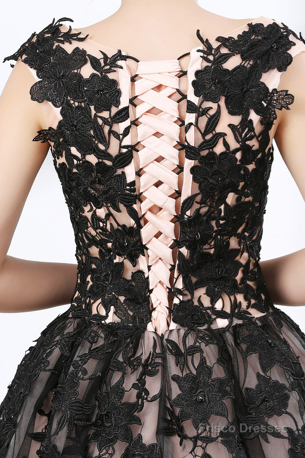 Black Sweetheart Applique Lace See Through Prom Dresses
