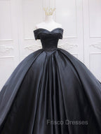 Black Sweetheart Neck Satin Long Formal Prom Gown, Black Sweet 16 Dress
