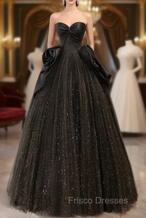 Black Sweetheart Neck Satin Tulle Long Formal Prom Dress, Black Long Formal Dress