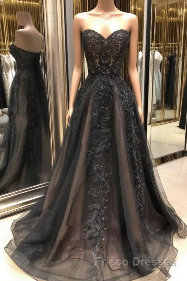Black sweetheart neck tulle lace long Formal Prom Dresses, black evening Dresses
