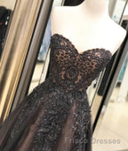 Black sweetheart neck tulle lace long Formal Prom Dresses, black evening Dresses