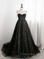 Black Sweetheart Neck Tulle Long Formal Prom Dress A Line Black Evening Dress