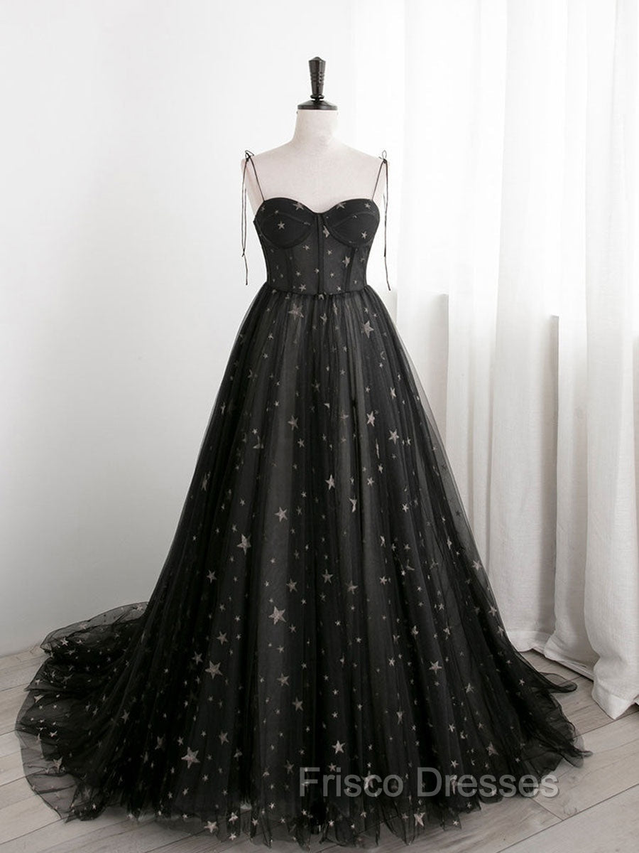 Black Sweetheart Neck Tulle Long Formal Prom Dress A Line Black Evening Dress