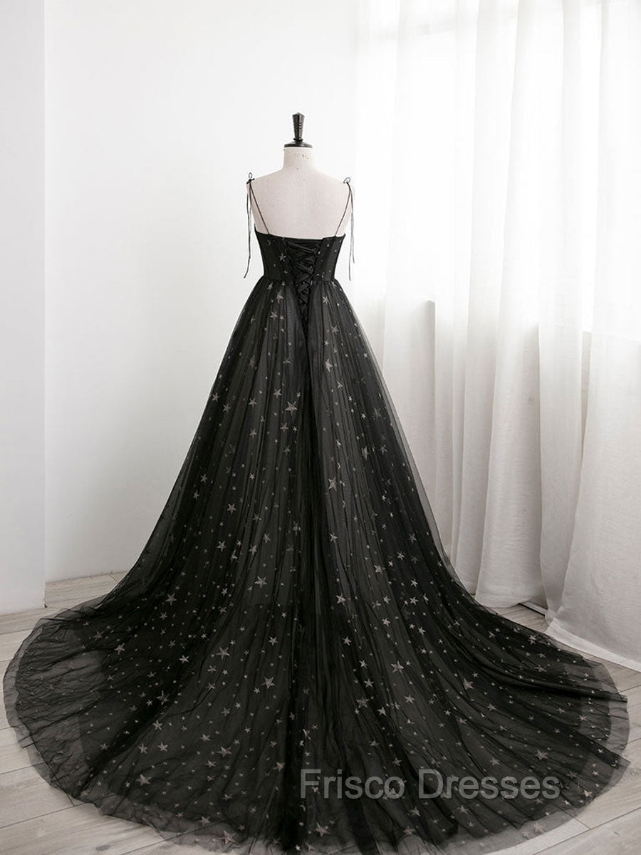 Black Sweetheart Neck Tulle Long Formal Prom Dress A Line Black Evening Dress