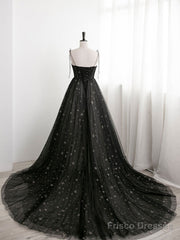 Black Sweetheart Neck Tulle Long Prom Dress A Line Black Evening Dress