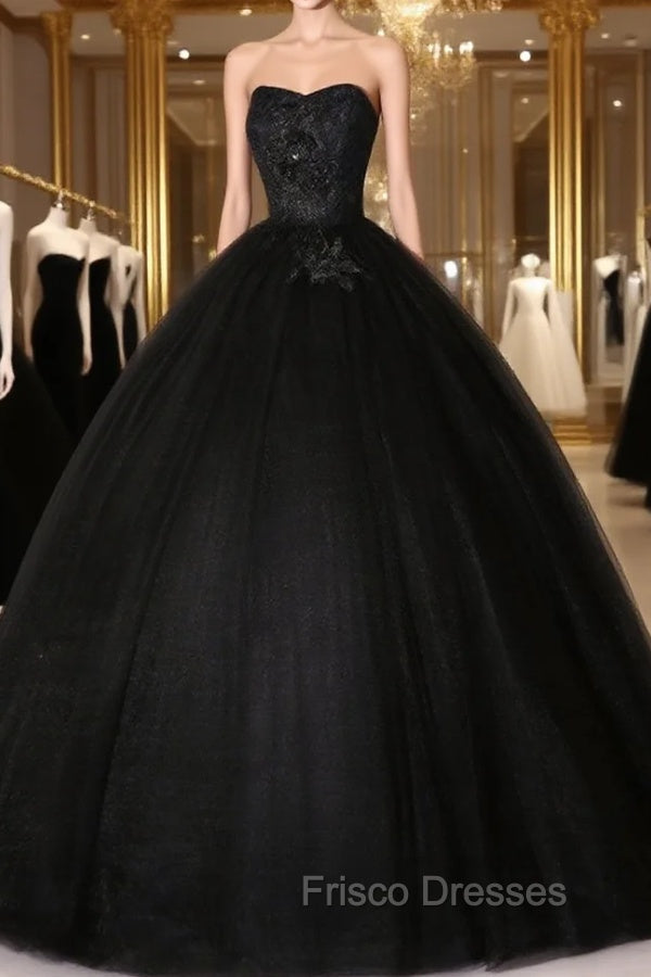 Black Sweetheart Neck Tulle Long Formal Prom Dress Black Evening Dress