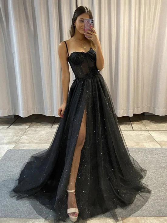 Black Sweetheart Neck Tulle Long Prom Dress, Black Tulle Evening Dress Main image
