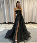 Black Sweetheart Neck Tulle Long Prom Dress,Black Tulle Evening Dresses,Sparkle Sweetheart Prom Evening Gown