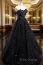 Black Sweetheart Off Shoulder Tulle Long Formal Prom Dress, Black Evening Dress